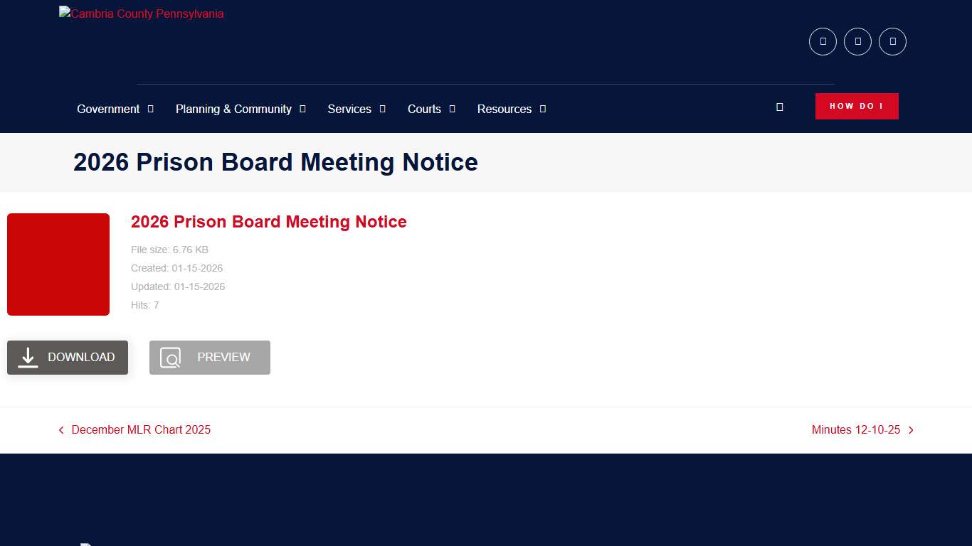 2026 Prison Board Meeting Notice - Cambria County, PA